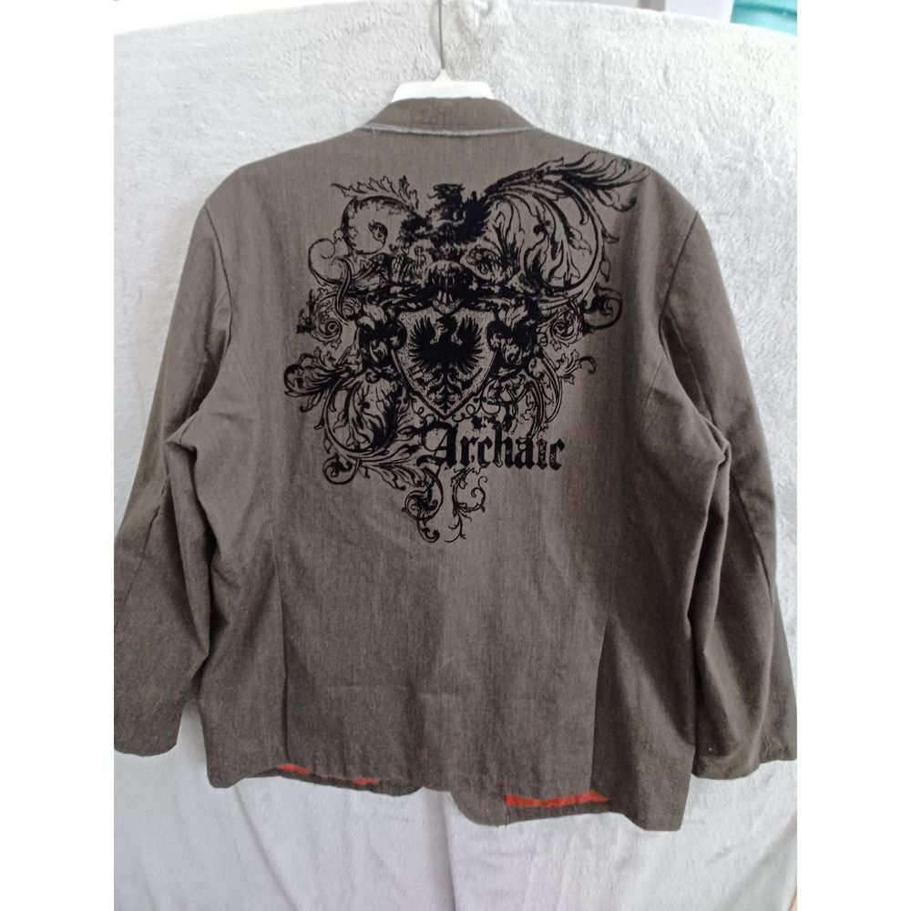 Archaic Sz XL Sport Coat Goth Grunge Wings Crest Y2K Mens Gray Brown Velour